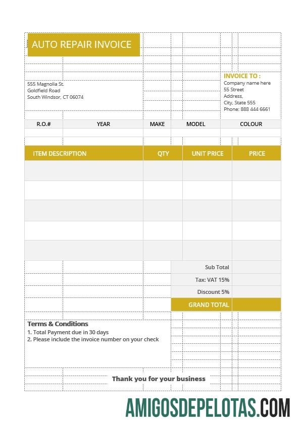 imprimível Exemplo de modelo de fatura de conserto de automóveis